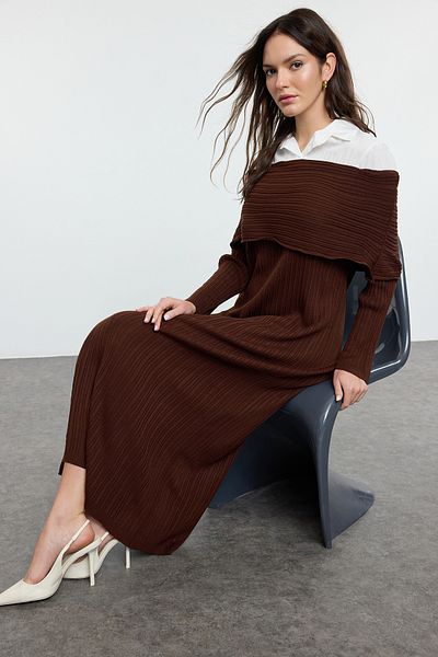 Trendyol Modest Καφέ υφαντό πλεκτό φόρεμα TCTAW25EB00052