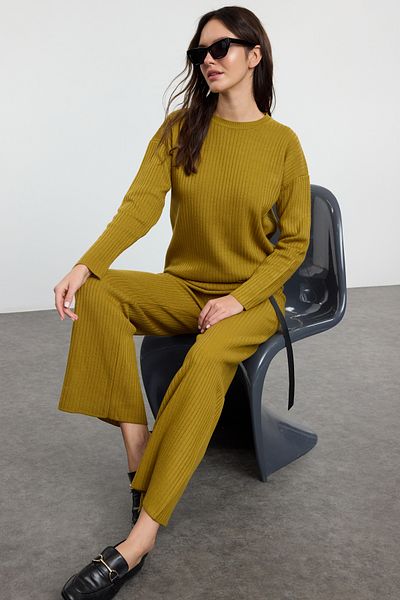 Trendyol Modest Oil Green Oversize Knitwear Set - Corded Knitted Bottom-Top Set Tctaw25Us00115