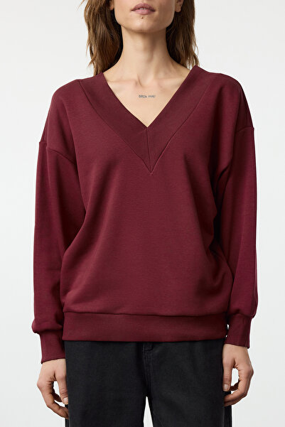 Trendyol Collection Burgundy Thick V-Neck Knitted Sweatshirt - Twoaw25Sw00147