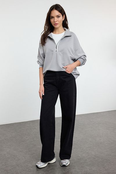 Trendyol Collection Flexible Gray Knitted Sweatshirt - Oversize Collar, Zippered Twoaw25Sw00202