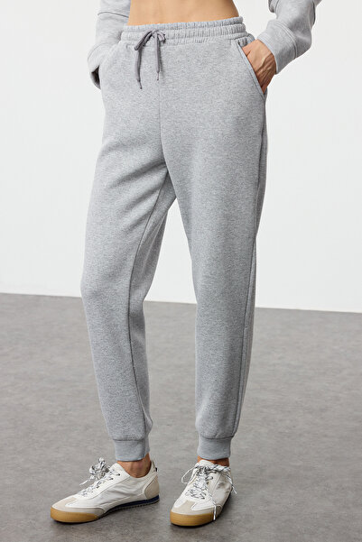 Trendyol Collection Γκρι Μελανζέ Χαλαρό Τζόκερ Κανονική Μέση Παχύ Υφασμένο Παντελόνι Δίδυμο AW24EA00029