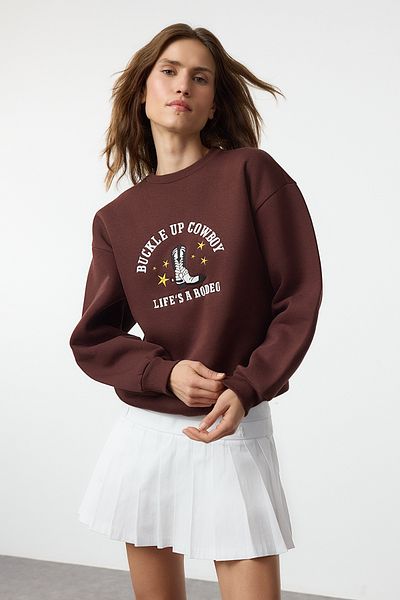 Trendyol Collection Кафяв плетен суитшърт с щампи Western - дебела вътрешна част, полар, стандартна кройка Twoaw25Sw00269