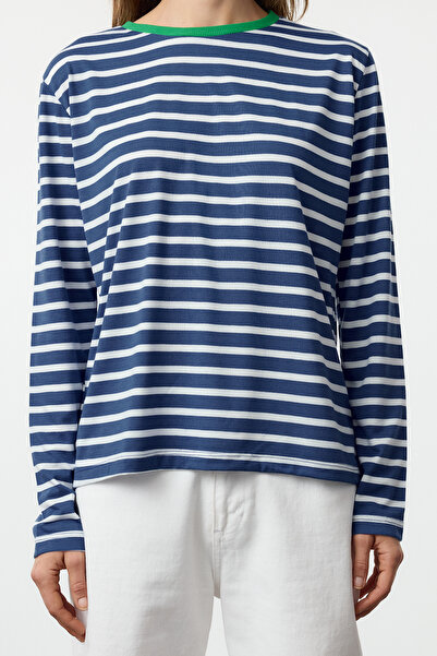 Trendyol Collection Saks-Ekru pruhovaný základní úplet s barevným žebrováním a proužky