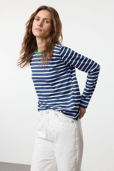 Trendyol Collection Barevné tričko Saks-Ecru Striped Basic - Twoaw23Ts00026
