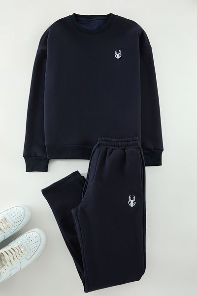 Edit by Trendyol Σετ φόρμας Navy Blue Oversize/Wide Cut Deer κεντημένη φόρμα