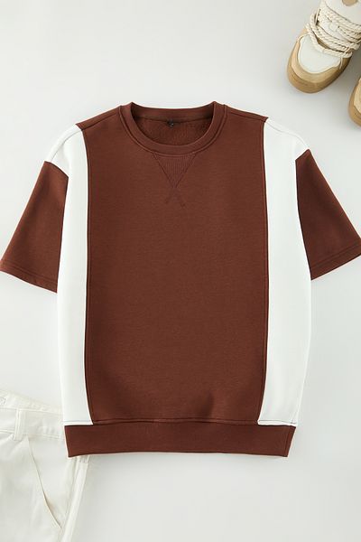 Trendyol Collection Μπλουζάκι καφέ-εκρού Oversize/Wide Cut Colorblock με χοντρό ράστερ εσωτερικά TMNAW25TS00015