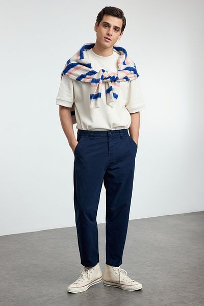 Trendyol Collection Sötétkék Balloon Fit pamut gabardin szőtt nadrág TMNAW25PL00020