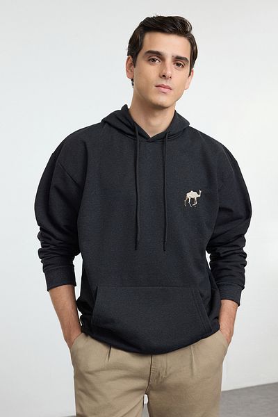 Trendyol Collection Anthracite Camel Embroidered Fleece Hooded Oversize Sweatshirt - Tmnaw25Sw00164