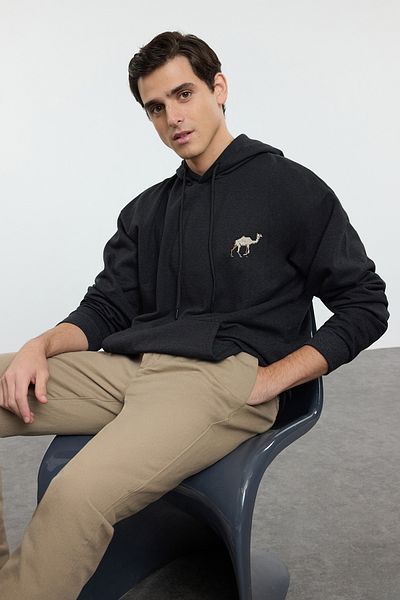 Trendyol Collection Anthracite Camel Embroidered Fleece Hooded Oversize Sweatshirt - Tmnaw25Sw00164
