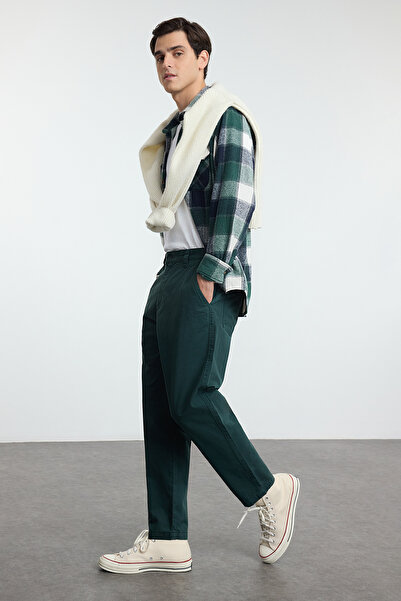 Trendyol Collection Πράσινο μπαλόνι, βαμβακερό υφαντό παντελόνι Gabardine TMNAW25PL00020