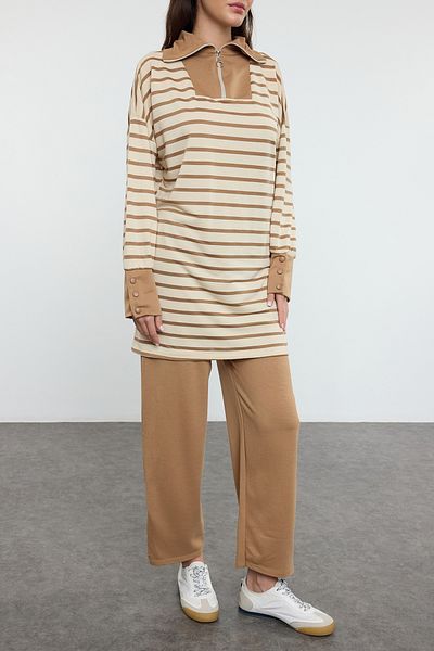 Edit by Trendyol Σετ παντελόνι και φούτερ Camel Color Stripe - TEDAW25US00022