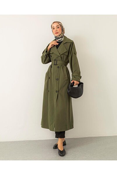 Meri Store Sekiz Düğmeli Omuz Apoletli Haki Trençkot