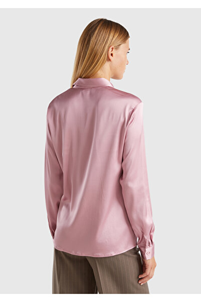 United Colors of Benetton Kadın Pembe Viskoz Karışımlı Gizli Düğmeli Sivri Yaka Saten Gömlek