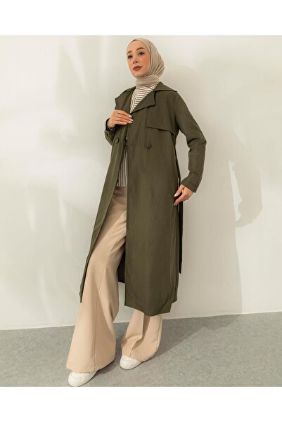 Meri Store Kol Ucu Apoletli Haki Trençkot