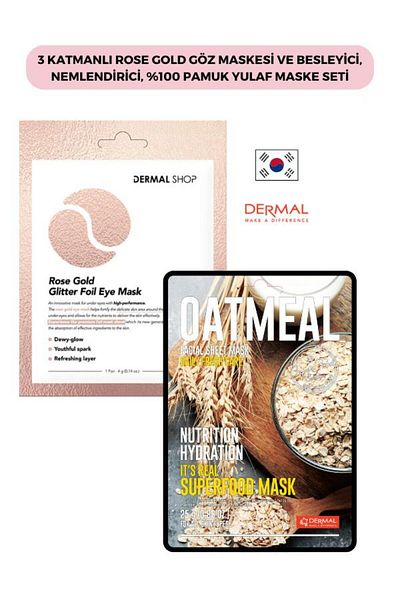 Dermal 3 Layer Rose Gold Eye Mask 4 Gr. And Nourishing Moisturizer 100% Cotton 25 Gr. Oat Mask Set