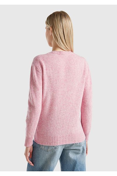 United Colors of Benetton Pulover Shetland pentru femei, roz Melange, cu gâtul rotund