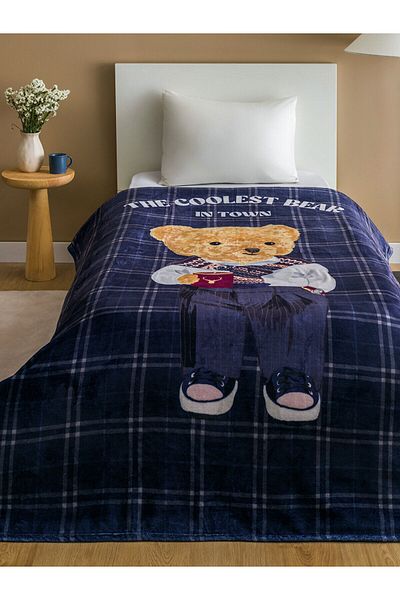 LC Waikiki Lcw Home Light Navy Teddy Bear Printed Single Blanket
