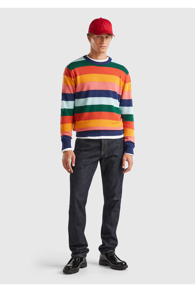 United Colors of Benetton Pulover multicolor pentru bărbați, cu model în dungi, cu gât rotund, amestecat de lână și cașmir
