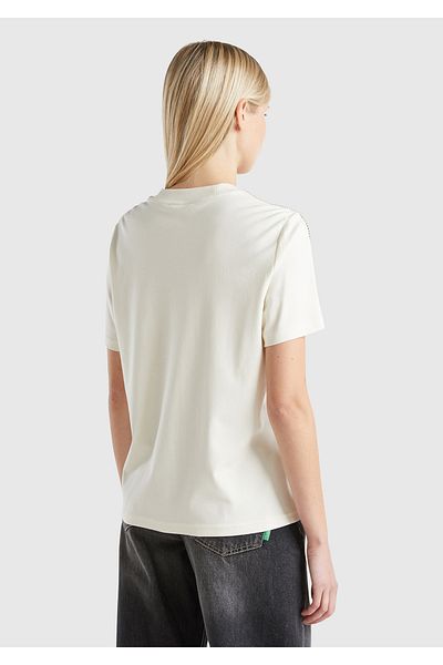 United Colors of Benetton Women's Cream 100% Cotton Applique Detailed Short Sleeve T-Shirt