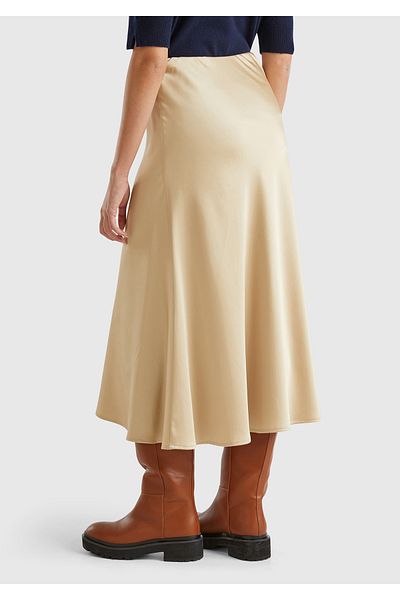 United Colors of Benetton Fusta midi de damă, bej, vâscos, amestecat cu volane, aspect satin