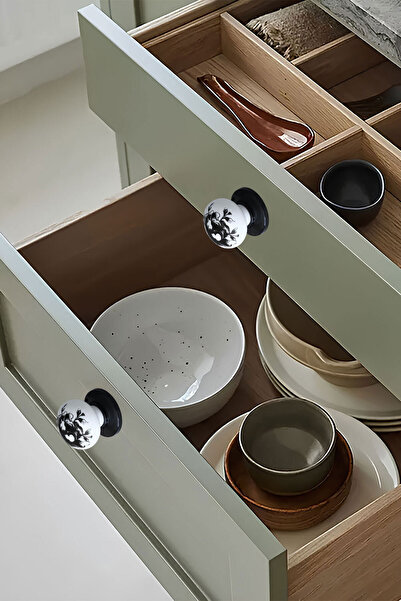 Badem10 Eymen Mâner cu buton polimeric Floral Negru Alb Mobilier Bucătărie Sertar Dulap Mâner Mâner 5BUC