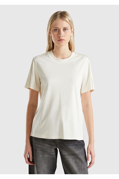 United Colors of Benetton Women's Cream 100% Cotton Applique Detailed Short Sleeve T-Shirt