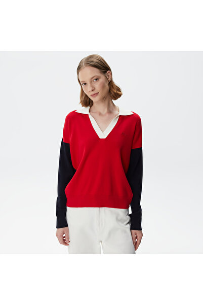 Lacoste Pulover roșu pentru femei, cu guler polo, cu croială normală, bloc de culoare