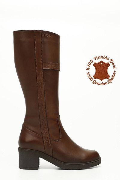 GÖNDERİ(R) Women/Girls Brown Antique Zippered Thick Heeled Genuine Leather Boots