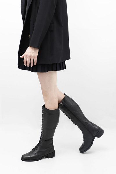 GÖNDERİ(R) Black Float Genuine Leather Round Toe Rubber Sole Heeled Lace Up Women's Daily Boots 46577