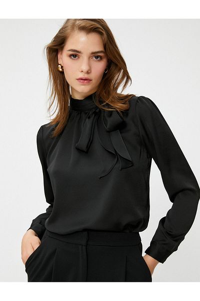 Koton Bluse mit Fliege, hohem Kragen und langen Ärmeln