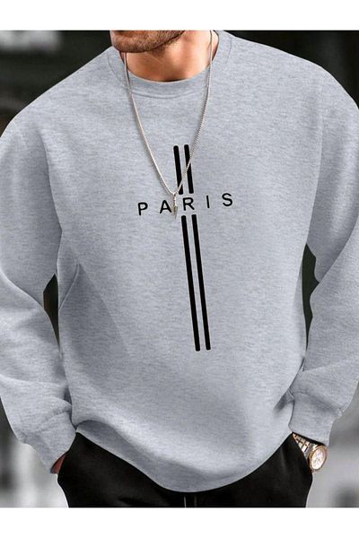 NO 601 Γκρι ανδρικό φούτερ Paris Stripe - Crew Neck