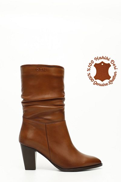 GÖNDERİ(R) Women's Tan Antique Pointed Toe Gusseted Thick Heeled Genuine Leather Boots