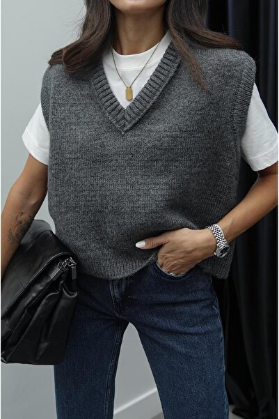 Havoş Antrasit V Yaka Fitilli Kenarlı Kolsuz Süveter
