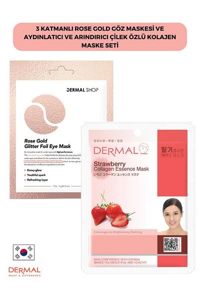 Dermal Rose Gold 3-layer Eye Mask and Strawberry Extract Brightening and Purifying Collagen Mask Set