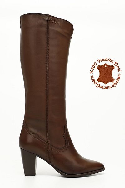 GÖNDERİ(R) Women/Girls Brown Antique Pointed Toe Thick Heeled Genuine Leather Boots