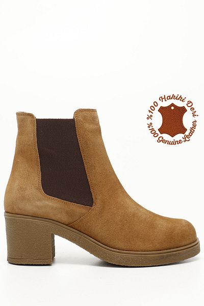 GÖNDERİ(R) Women/Girls Light Tan Suede Zippered Thick Heeled Genuine Leather Chelsea Boots