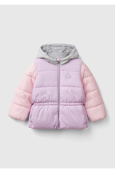 United Colors of Benetton Lilac Mix Girl's Coat - Left Chest Logo Embroidered, Elastic Waist and Hood