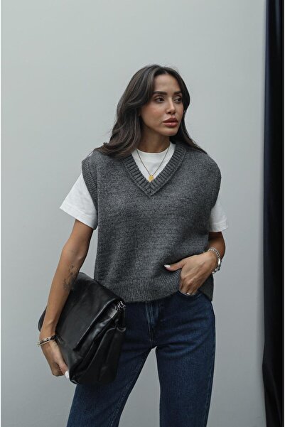 Havoş Antrasit V Yaka Fitilli Kenarlı Kolsuz Süveter