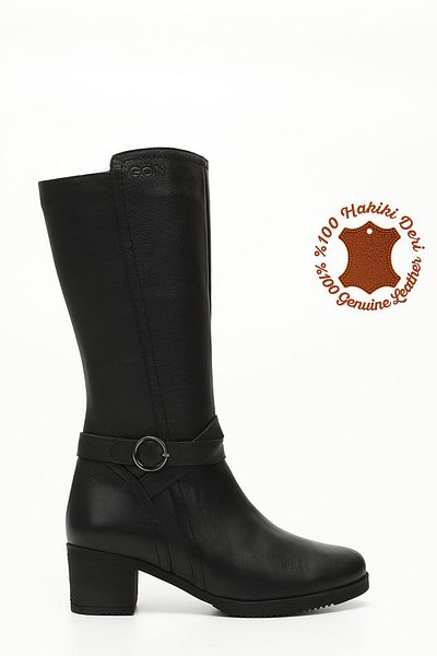 GÖNDERİ(R) Women/Girls Black Zippered Thick Heeled Genuine Leather Boots