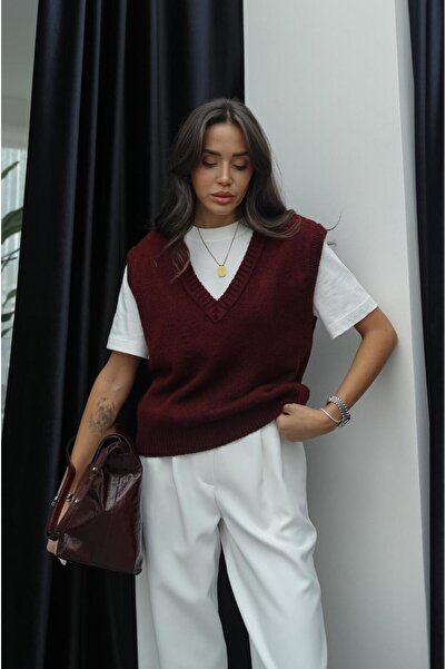 Havoş Bordo V Yaka Fitilli Kenarlı Kolsuz Süveter
