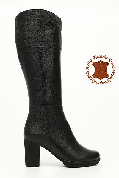 GÖNDERİ(R) Schwarze Floater-Damenstiefel aus echtem Leder mit Reißverschluss und dickem Absatz