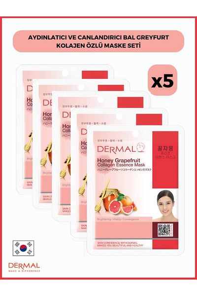 Dermal Honey Grapefruit Collagen Extract Mask - Brightening and Revitalizing, 23 Gr 5 Pieces