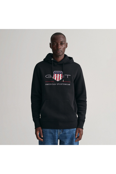 Gant Erkek Siyah Regular Fit Kapüşonlu Logolu Sweatshirt