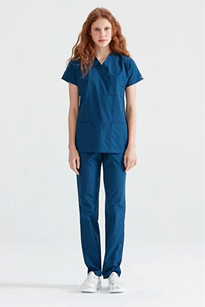 Moodamedikal İndigo Mavi Renkli Cerrahi Takım Terikoton İnce Kumaş V Yaka Forma
