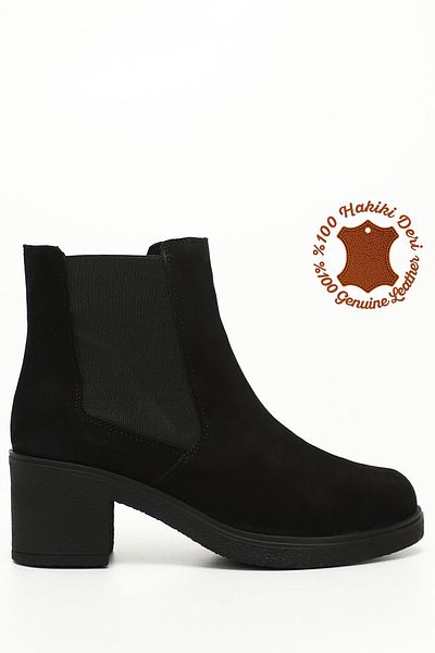 GÖNDERİ(R) Women/Girls Black Suede Zippered Thick Heeled Genuine Leather Chelsea Boots