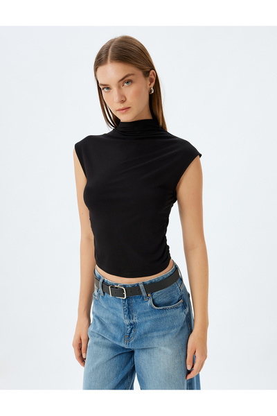 Koton Viscose Stand Collar Sleeveless T-Shirt with Asymmetrical Drape Detail