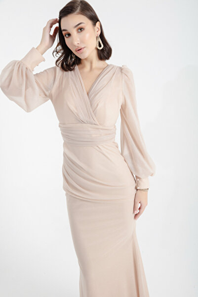 Lafaba Dámské béžové dvouřadé límce stříbrné dlouhé večerní šaty