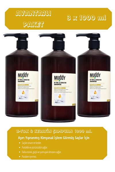 Muddy B-TOX KERATIN REPAIRING HAIR SHAMPOO - 1000ml x 3