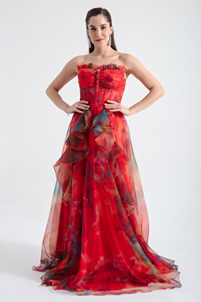 Lafaba Women's Orange Strapless Organza Long Evening Dress