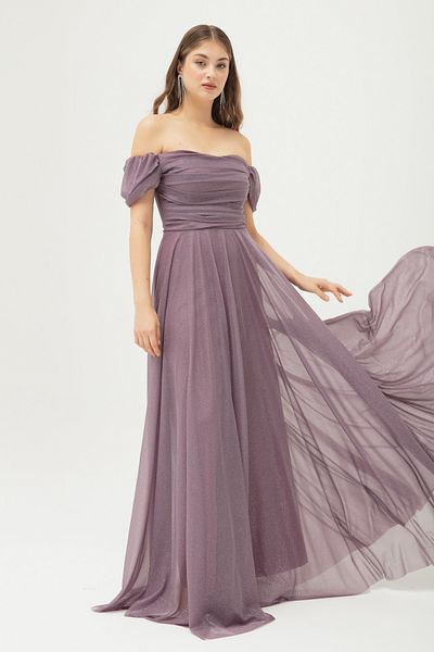 Lafaba Damen-Abendkleid in Lavendel mit U-Boot-Ausschnitt, drapiertem Schlitz und langem Glitzer-Abendkleid